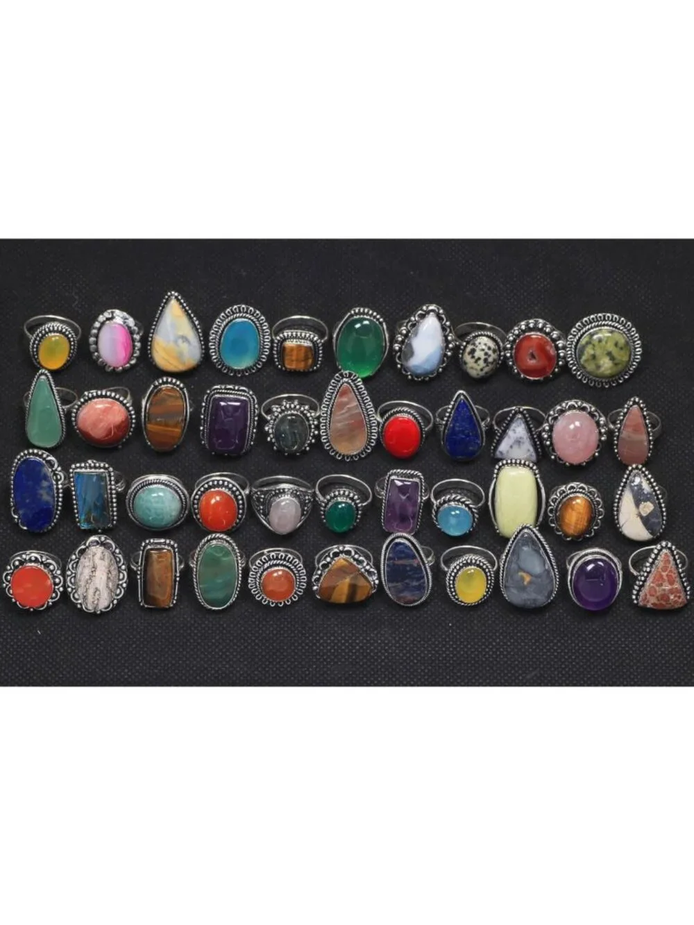 Chunky Silver Stackable Rings Set for Women - 10 Pcs Vintage Gemstone Knuckle